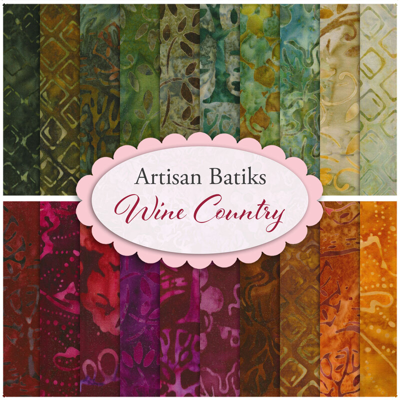 Collage of the green, red, and ochre vineyard fabrics included in the Wine Country - Artisan Batiks collection.