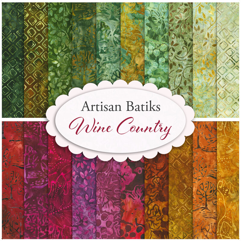 Collage of the green, red, and ochre vineyard fabrics included in the Wine Country - Artisan Batiks collection.