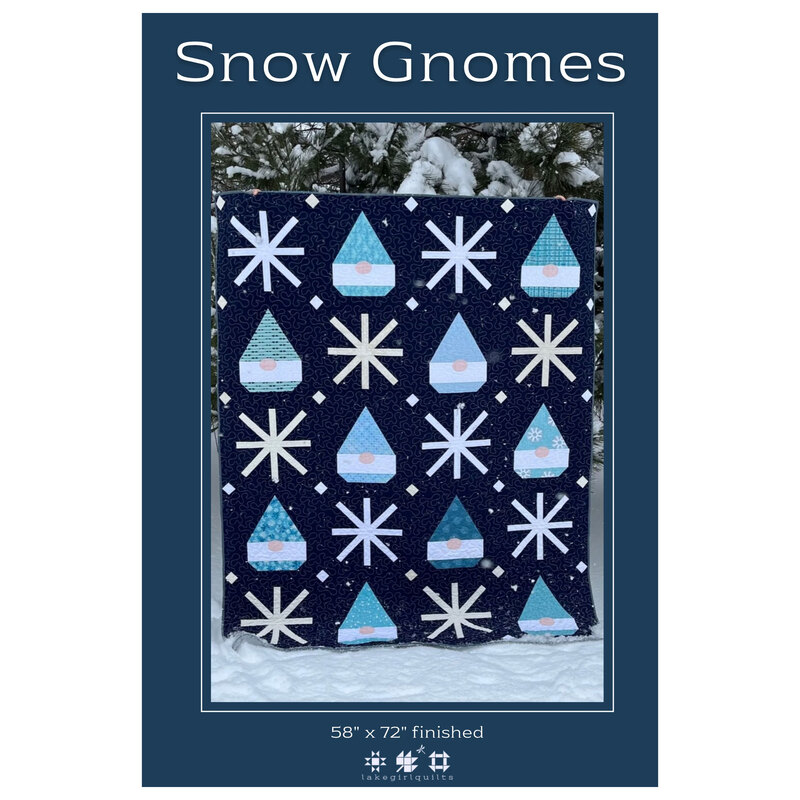 photo of Snow Gnomes quilt pattern featuring gnomes and snowflakes