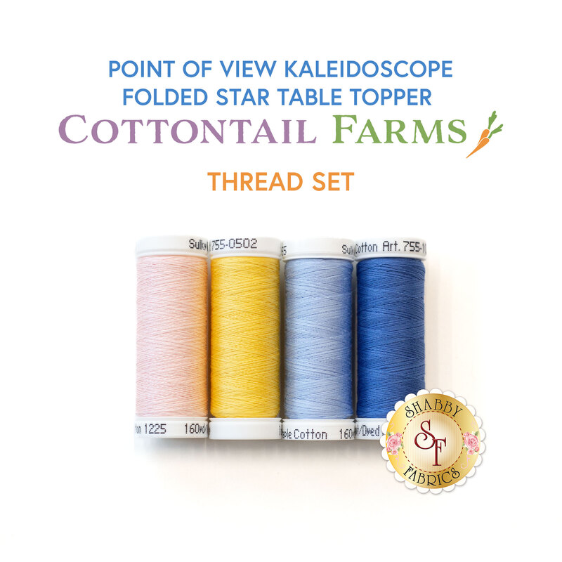 Four spools in the thread set, in order or pink, yellow, light blue, and cornflower blue, isolated on a white background, with text graphics above.