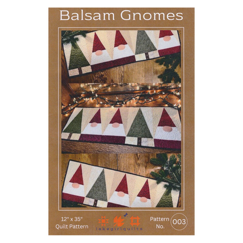 photo of Balsam Gnomes table runner pattern featuring trees and gnomes