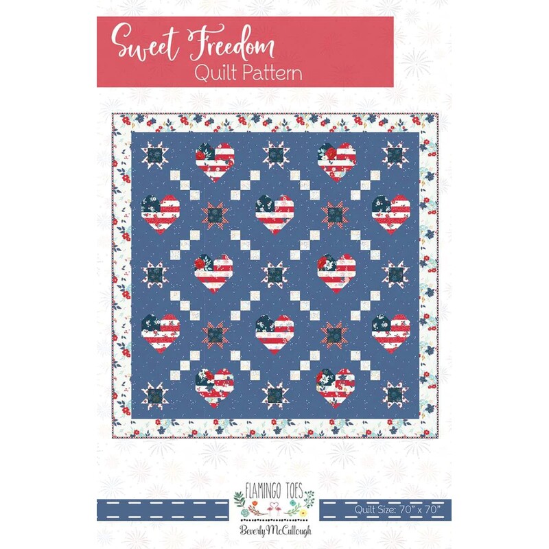 Front cover of the pattern showing a digital mockup of the completed quilt in blues, white, and red, isolated on a white background with various text graphics above and below.