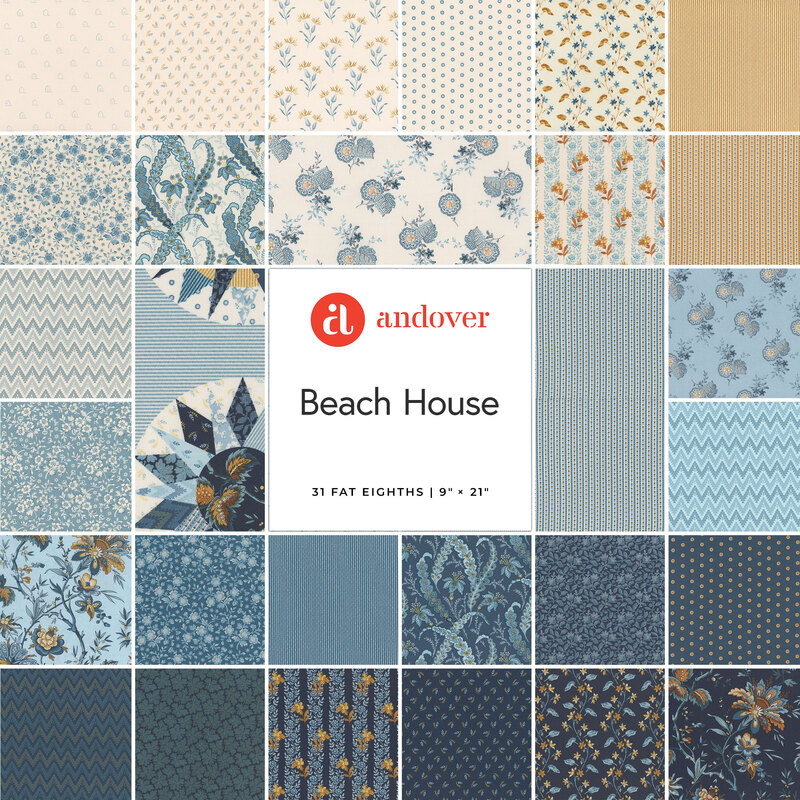 Collage of blue, cream, and yellow fabrics included in the Beach House collection.