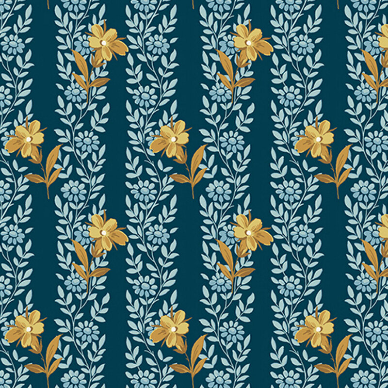 Navy blue fabric with stripes of little blue flowers and vines, and yellow-gold flowers for contrast.