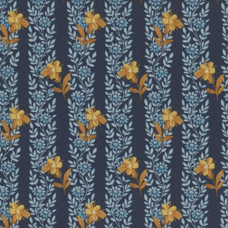 Navy blue fabric with stripes of little blue flowers and vines, and yellow-gold flowers for contrast.