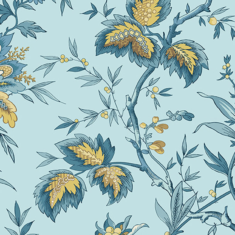 Light blue fabric featuring light blue branches with yellow leaves and berries.