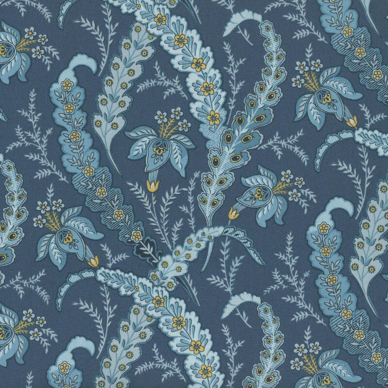 Blue fabric with blue leaf and flower paisleys with yellow accents.