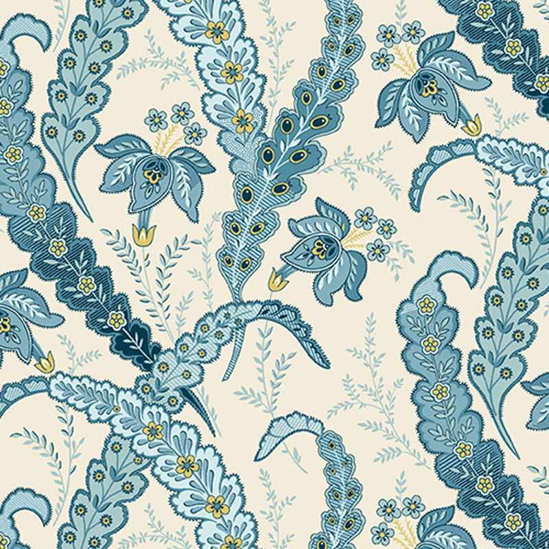 Cream-colored fabric with blue leaf and flower paisleys with yellow accents.