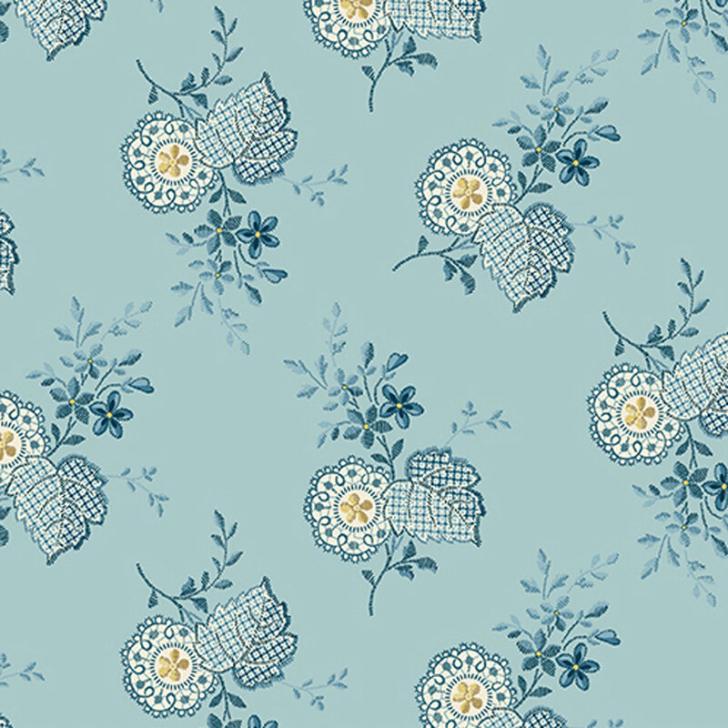 Light blue fabric featuring blue and white paisley flowers with yellow accents.