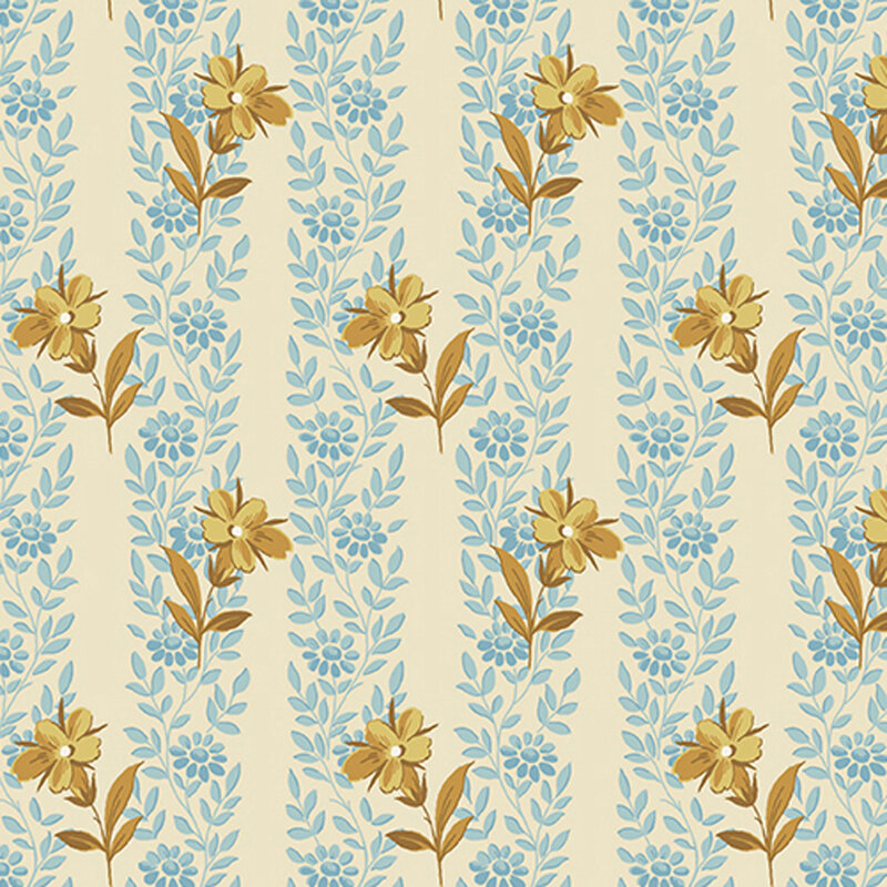 Cream-colored fabric with stripes of little blue flowers and vines, and yellow-gold flowers for contrast.