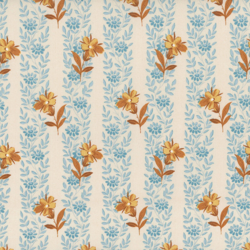 Cream-colored fabric with stripes of little blue flowers and vines, and yellow-gold flowers for contrast.