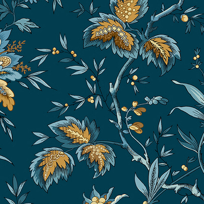 Navy blue fabric featuring light blue branches with yellow leaves and berries.