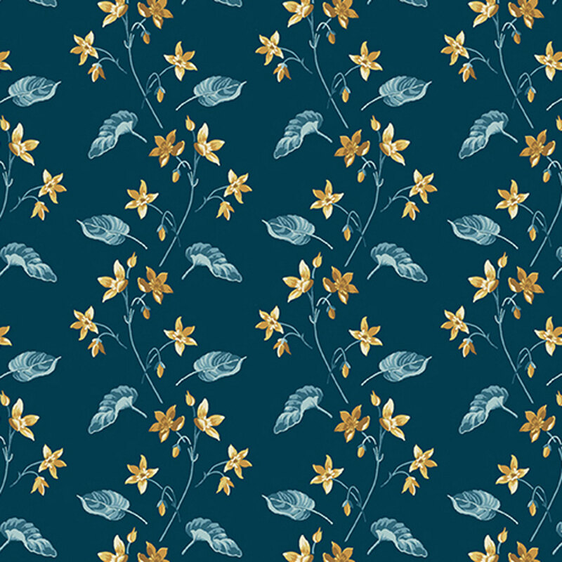 Navy blue fabric with yellow-gold buttercups and light blue leaves.