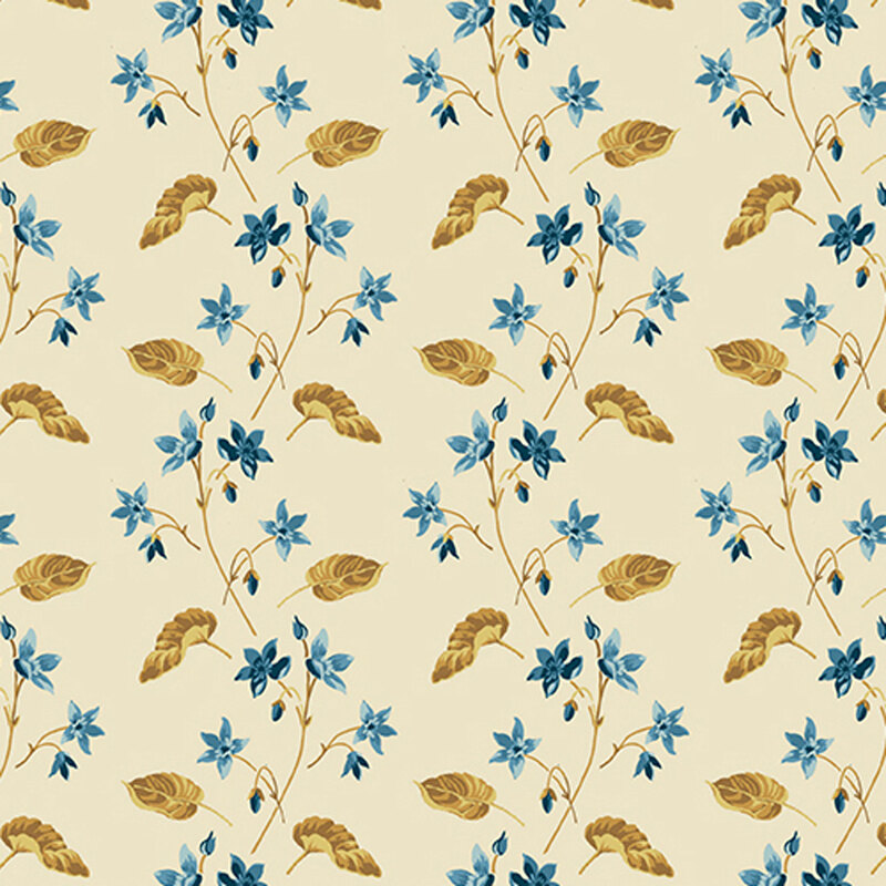 Cream-colored fabric with little blue flowers and yellow-gold leaves.