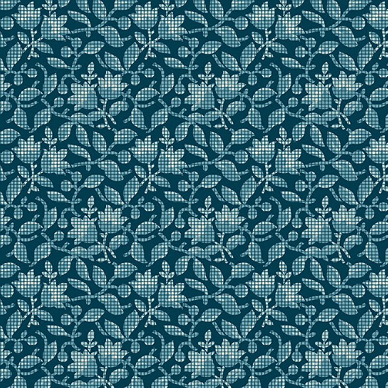 Navy blue fabric featuring light blue flowers and leaves with a grid pattern in swirling scrolls.
