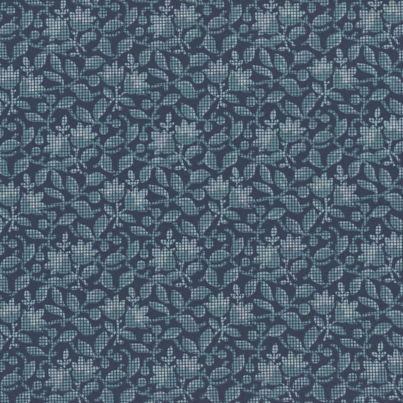 Navy blue fabric featuring light blue flowers and leaves with a grid pattern in swirling scrolls.
