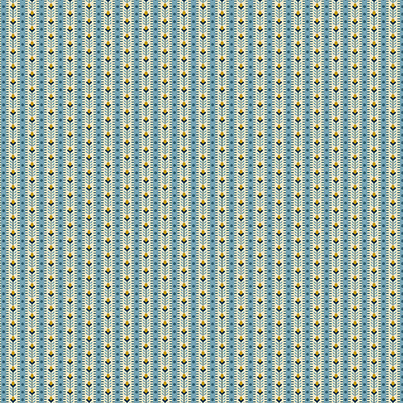 Cream-colored fabric with small stripes of blue with dots and a leafy pattern with yellow-gold accents.