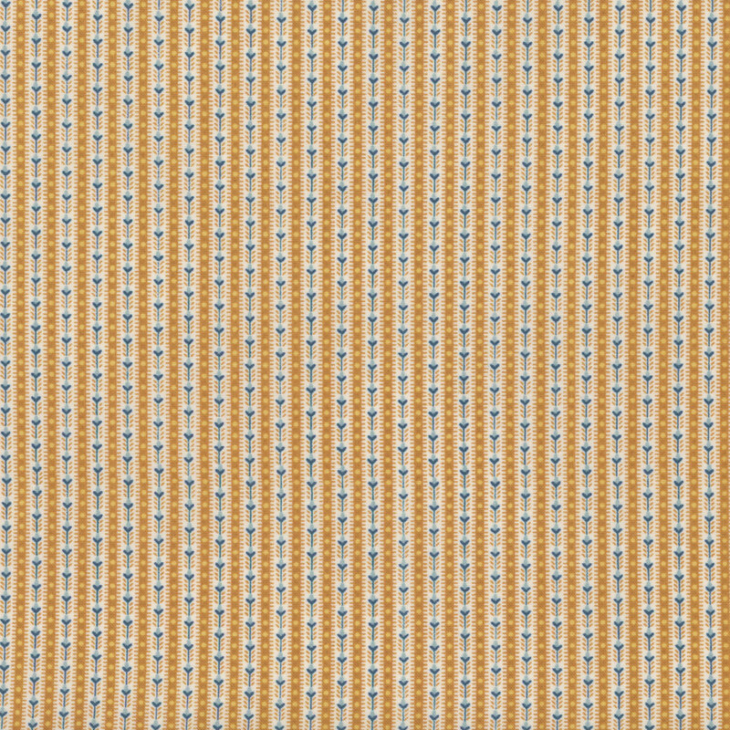 Cream-colored fabric with small stripes of yellow-gold with dots and a leafy pattern with blue accents.