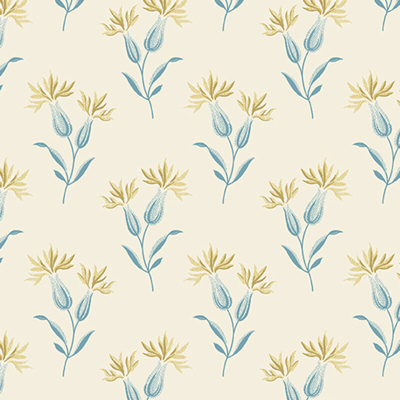 Cream-colored fabric patterned by blue flowers with yellow petals.