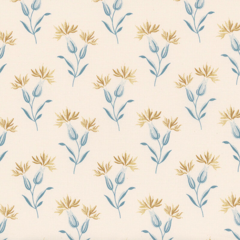 Cream-colored fabric patterned by blue flowers with yellow petals.