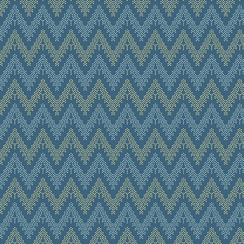 Blue fabric with dotted chevron stripes of blue and yellow.