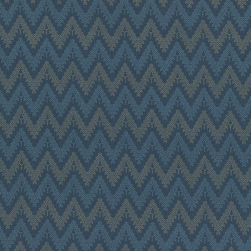 Blue fabric with dotted chevron stripes of blue and yellow.