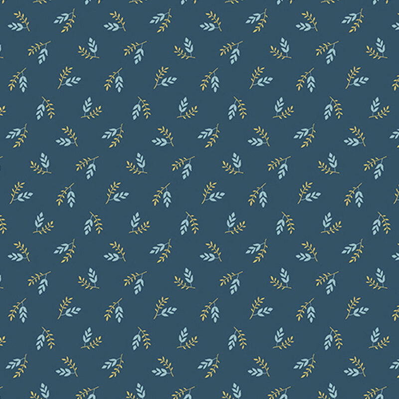 Navy fabric with small blue and yellow leaflets.