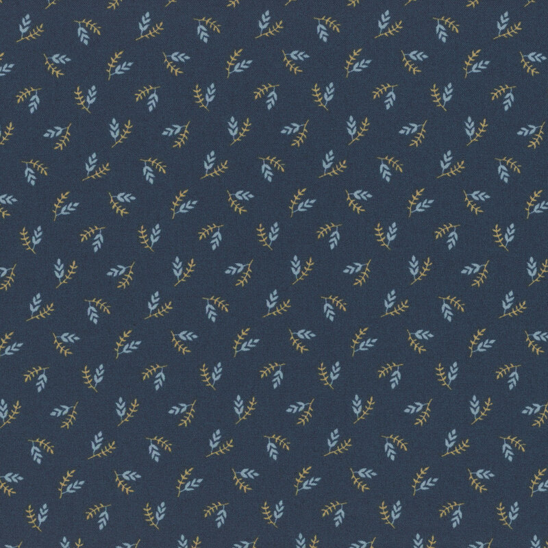 Navy fabric with small blue and yellow leaflets.