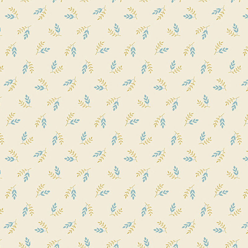 Cream-colored fabric with small blue and yellow leaflets.