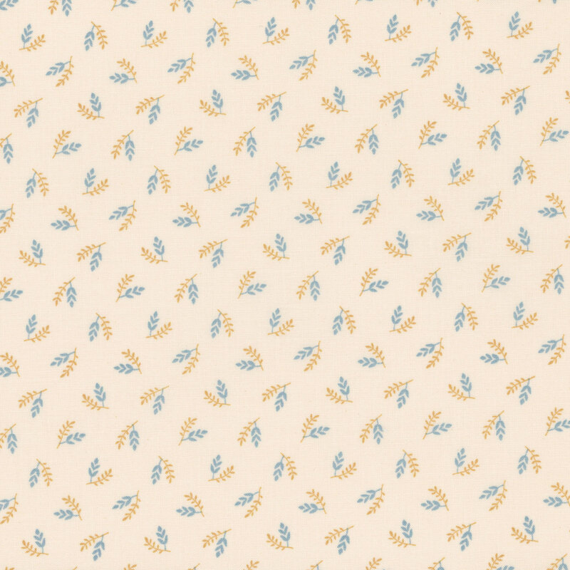 Cream-colored fabric with small blue and yellow leaflets.