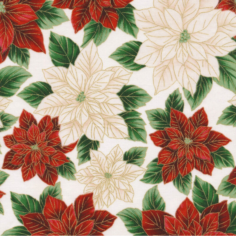 gorgeous light cream fabric featuring scattered red and white poinsettias with metallic gold accenting