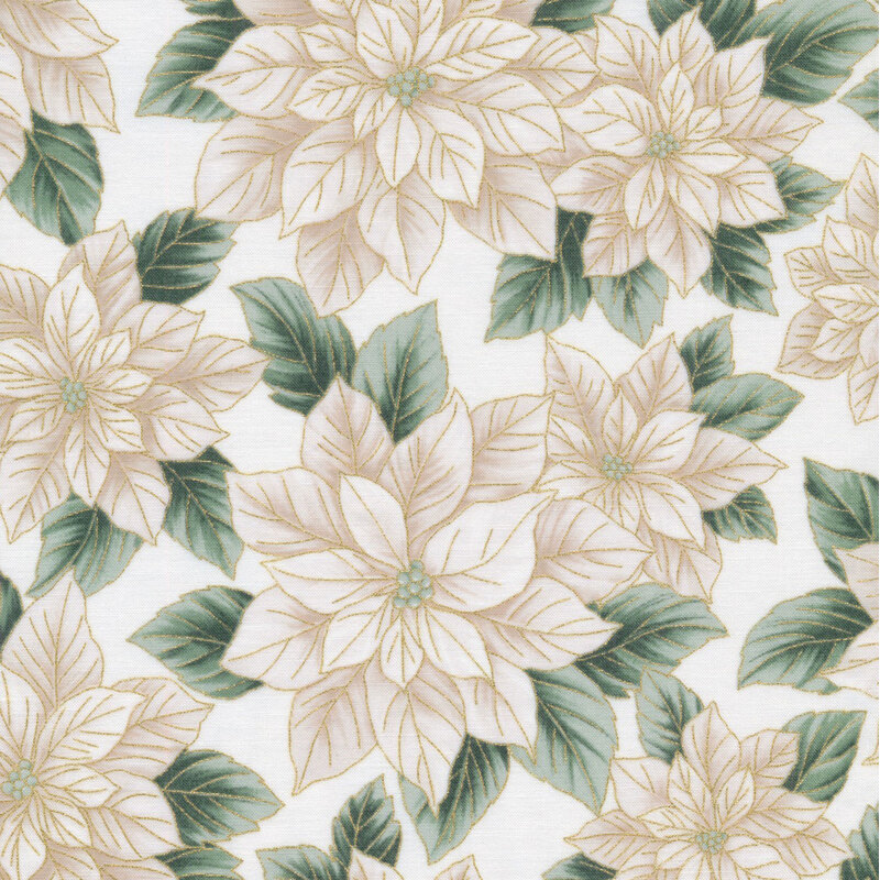gorgeous light cream fabric featuring scattered white poinsettias with metallic gold accenting
