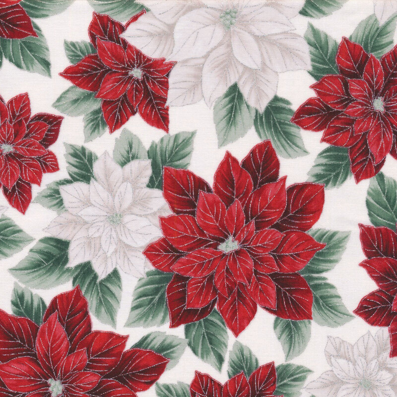 gorgeous off white fabric featuring scattered red and white poinsettias with metallic silver accenting
