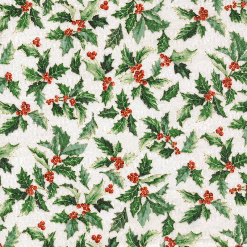 lovely off white fabric featuring scattered holly with red berries and metallic gold accenting