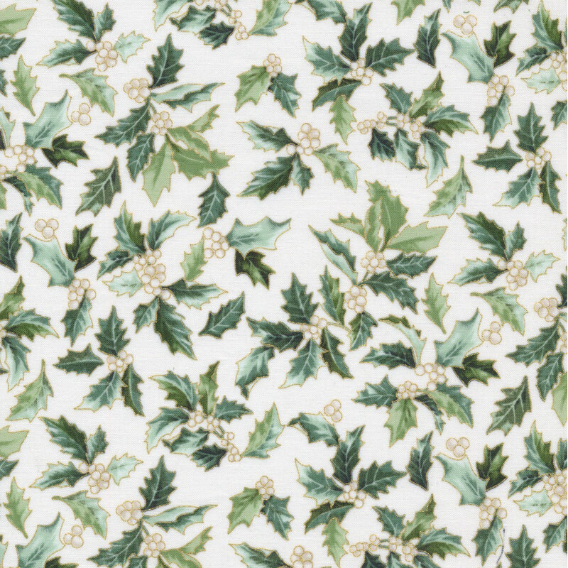 lovely off white fabric featuring scattered holly with white berries and metallic gold accenting