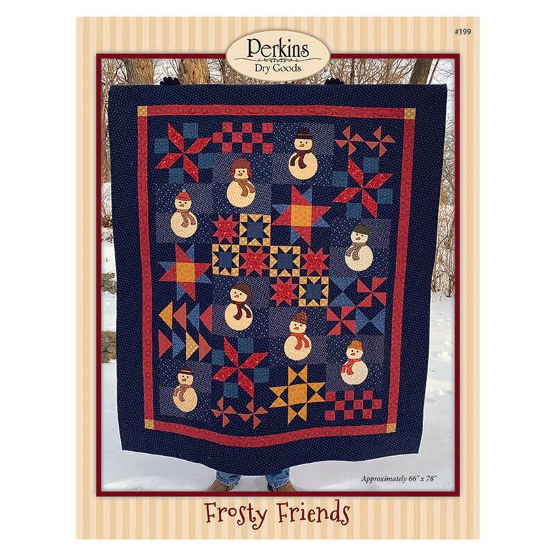 Frosty Friends Pattern cover showing the full finished quilt with snowmen and geometric shapes