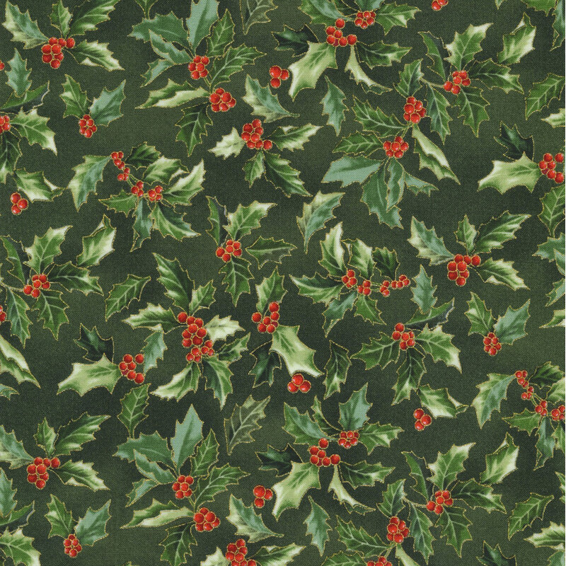 lovely rich green fabric featuring scattered holly with red berries and metallic gold accenting
