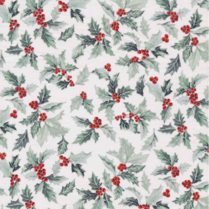 lovely off white fabric featuring scattered holly with red berries and metallic silver accenting