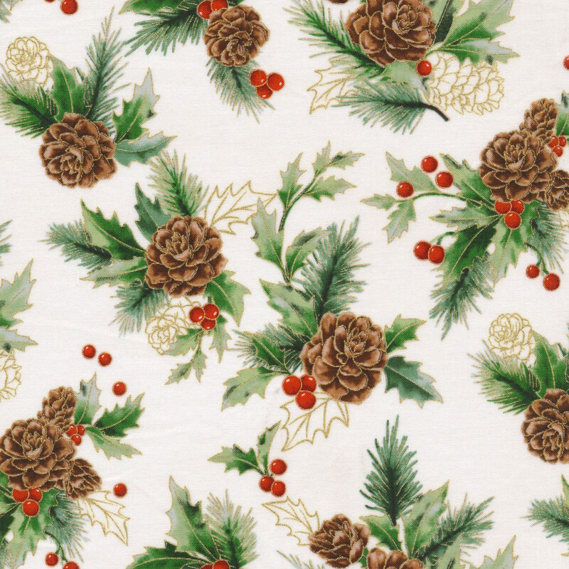 beautiful light cream fabric featuring scattered holly, red berries, pinecones, fir sprigs, and metallic gold accenting