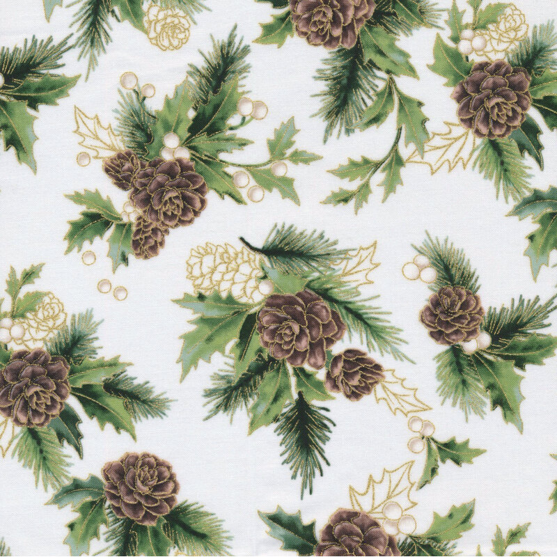 beautiful light cream fabric featuring scattered holly, white berries, pinecones, fir sprigs, and metallic gold accenting