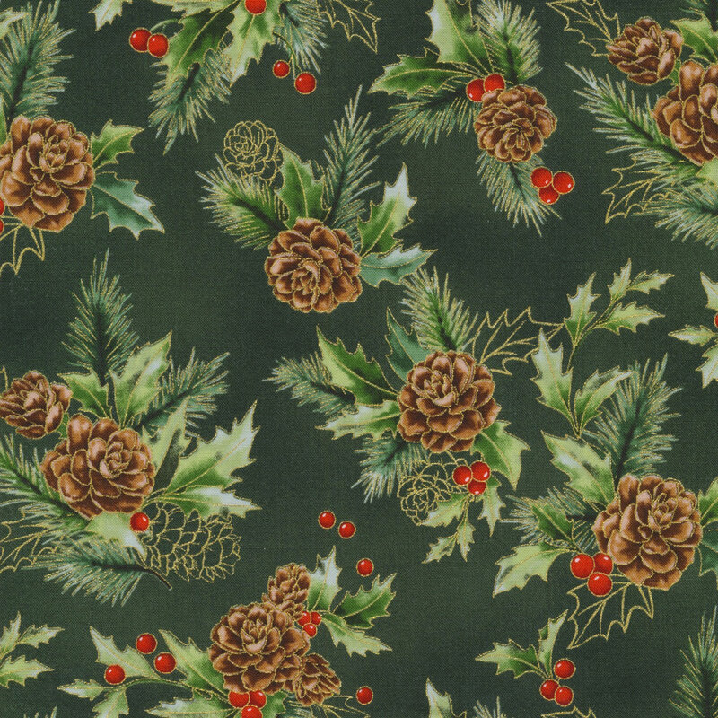 beautiful rich green fabric featuring scattered holly, red berries, pinecones, fir sprigs, and metallic gold accenting