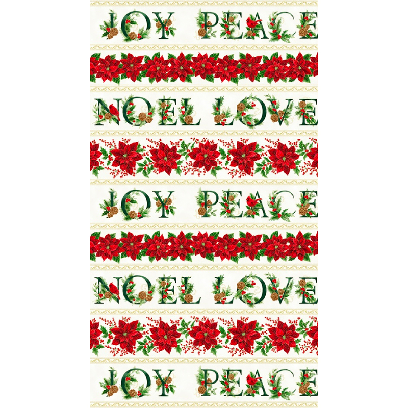 gorgeous light cream fabric featuring alternating wide stripes of red poinsettias and green decorated Christmas phrases, including 