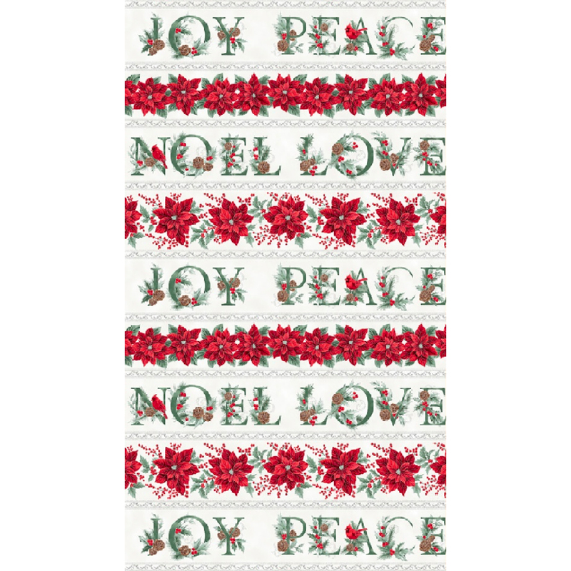 gorgeous off white fabric featuring alternating wide stripes of red poinsettias and green decorated Christmas phrases, including 
