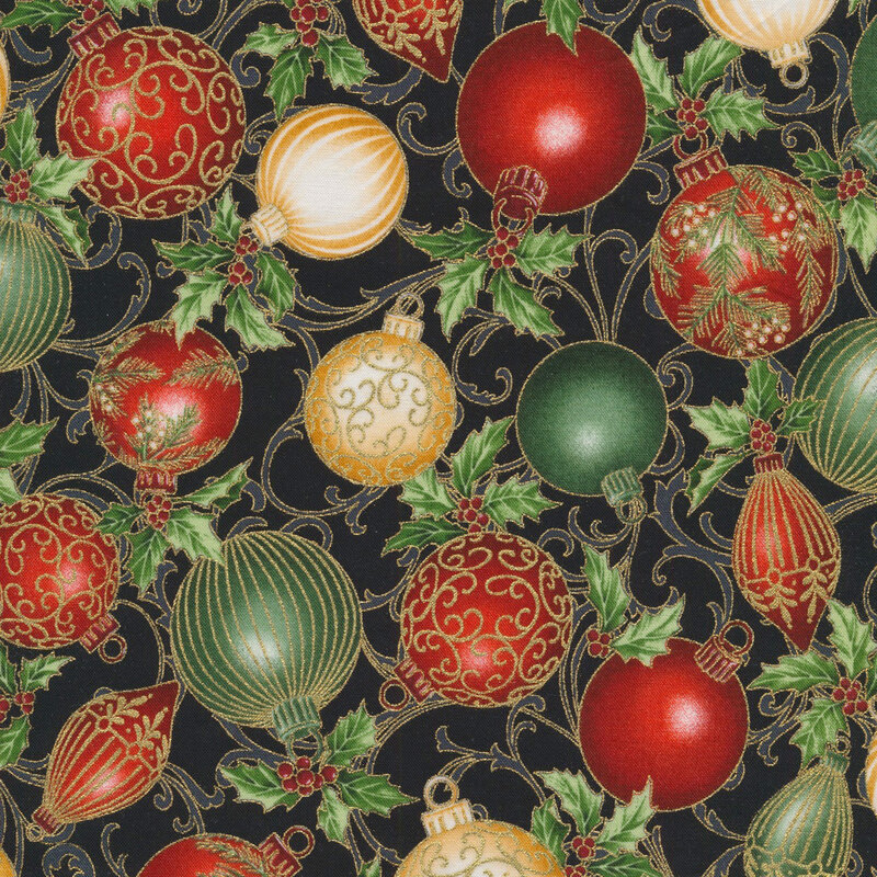 beautiful black fabric featuring tonal background swirls and scrolls, scattered red, green, and gold ornaments, holly, and metallic gold accents