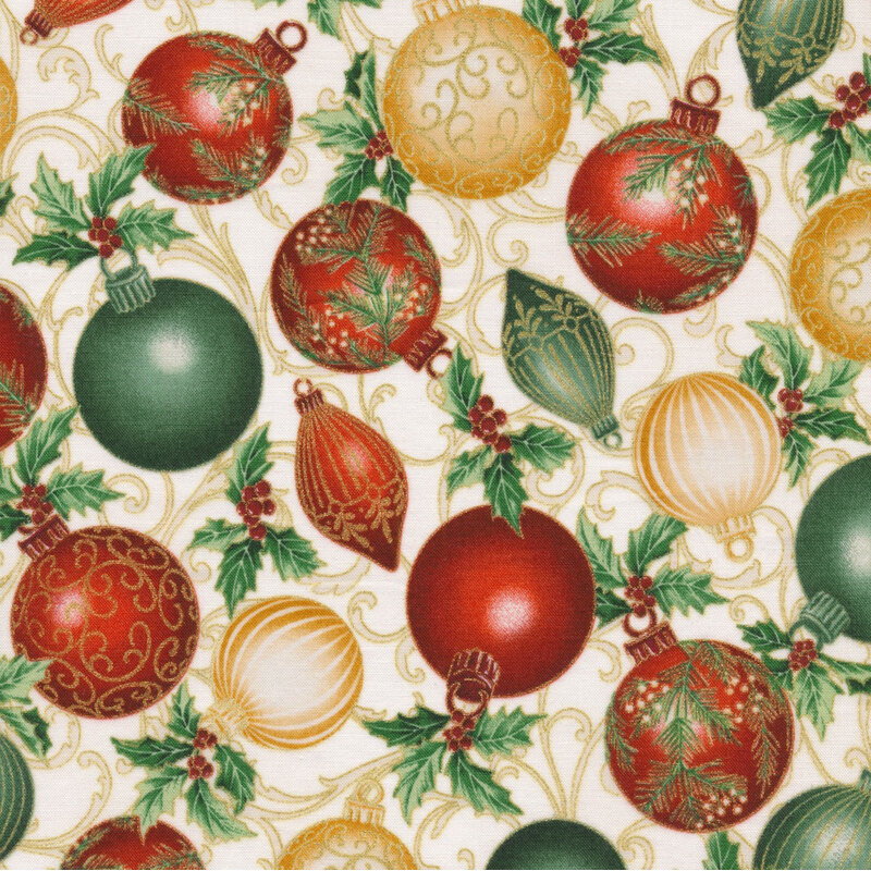 beautiful light cream fabric featuring tonal background swirls and scrolls, scattered red, green, and gold ornaments, holly, and metallic gold accents