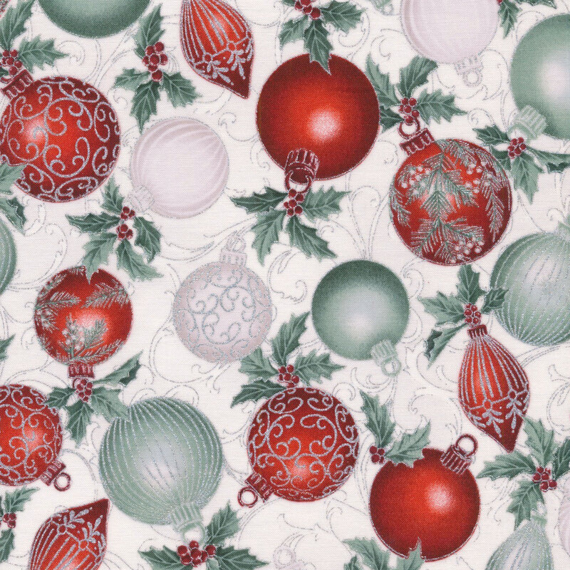 beautiful off white fabric featuring tonal background swirls and scrolls, scattered red, muted green, and silver ornaments, holly, and metallic silver accents