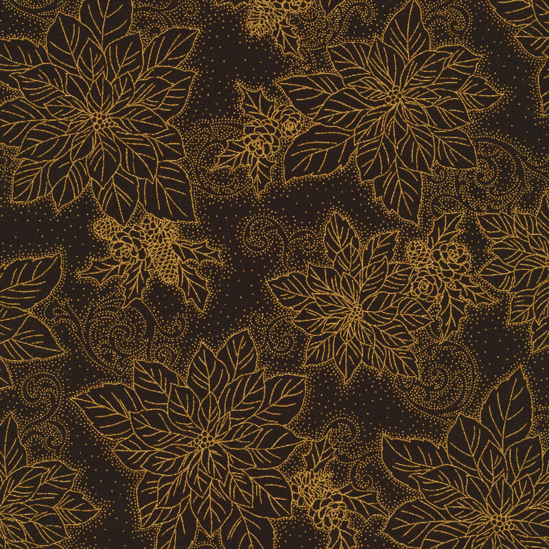 lovely black fabric featuring scattered metallic gold outlines of poinsettias, pinecones, holly, and swirling filigree