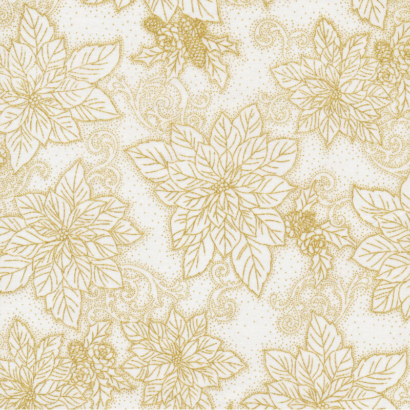 lovely light cream fabric featuring scattered metallic gold outlines of poinsettias, pinecones, holly, and swirling filigree