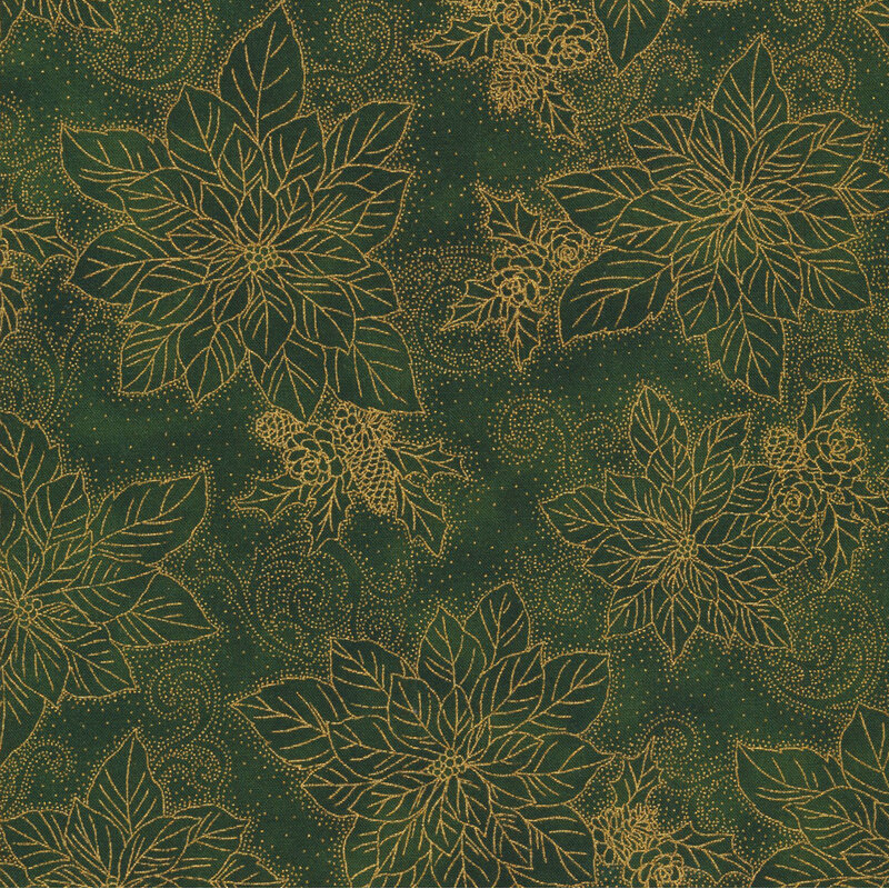 lovely emerald green fabric featuring scattered metallic gold outlines of poinsettias, pinecones, holly, and swirling filigree
