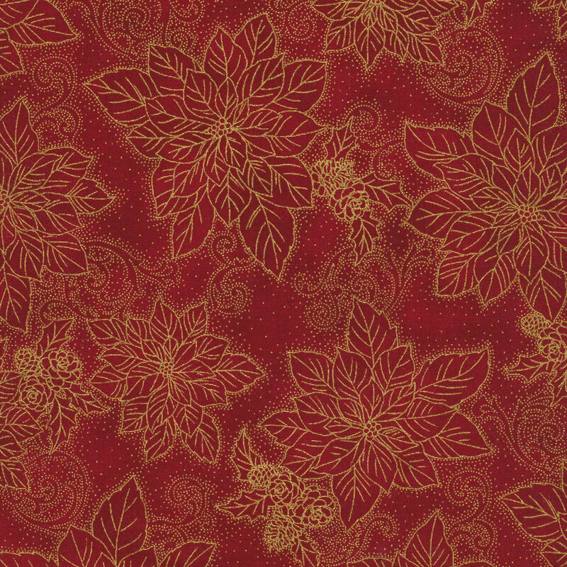 lovely vivid red fabric featuring scattered metallic gold outlines of poinsettias, pinecones, holly, and swirling filigree